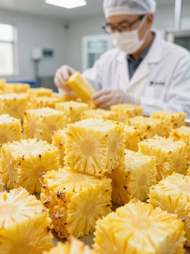 A quality control expert in clean white B2B industrial food facility examining uniform cubes of dehydrated pineapple, bright natural light, professional environment