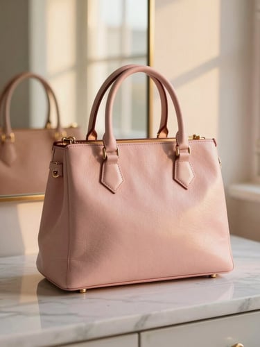 A luxury designer leather handbag resting on a polished white marble surface, soft golden-hour window light reflecting off a nearby vanity mirror, romantic editorial photography, shallow depth of field