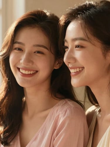 Intimate portrait crop of two women laughing softly, warm golden lighting, shallow depth of field, romantic and elegant editorial style