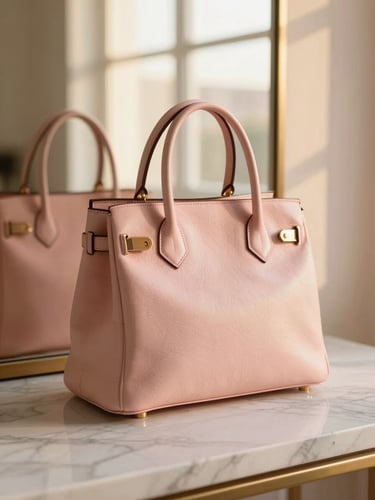 Close-up of a luxury leather handbag resting on a polished marble surface, soft warm golden-hour window light reflecting in a background mirror, romantic editorial photography