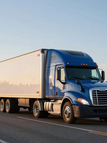 Low-angle heroic shot of a clean, modern semi-truck with a refrigerated trailer driving on an open Utah highway during golden hour, crisp lighting, 35mm photography