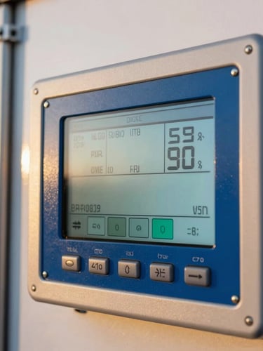 Close-up of a refrigerated trailer's digital temperature control panel glowing in the early morning light, crisp focus on the telemetry display, professional logistics setting