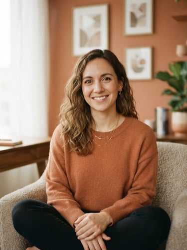 Warm professional portrait of a female clinical psychologist in her 30s, Dr. Cesiah, smiling gently, sitting in a warm minimalist office with terracotta accents, soft diffused natural daylight, shallow depth of field.