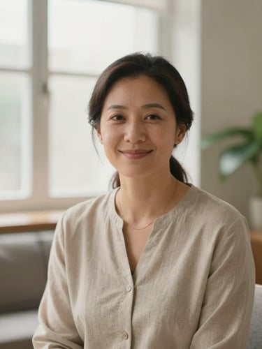 Warm professional portrait of a female psychologist in her late 30s, gentle smile, neutral clothing, soft natural daylight filtering through a window, blurred background of a calm consultation room with a green plant.