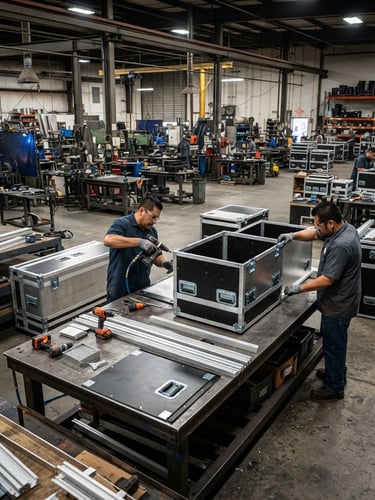 Wide shot of a modern industrial manufacturing floor in Fresno, California, with heavy-duty transit cases in various stages of assembly, under high-contrast workshop lighting. Focus on structural integrity.