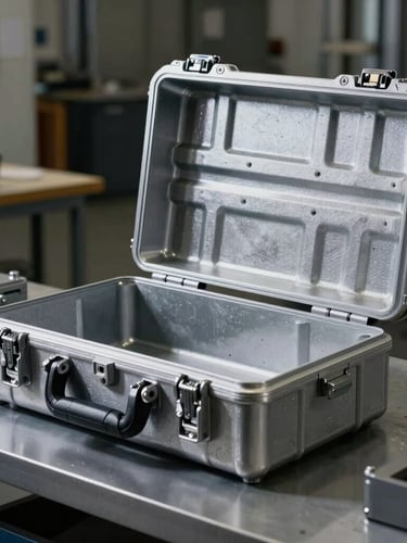 Industrial product photography, high-contrast workshop lighting, cool metallic tones, sharp focus on a heavy-duty custom protective case being assembled on the Fresno factory floor, technical details, 50mm