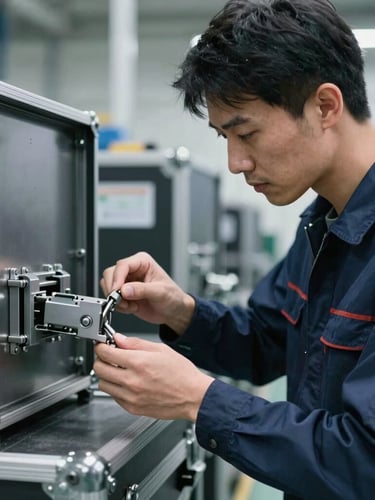 Portrait shot of a skilled technician on a manufacturing floor inspecting heavy-duty latches on a transit case, industrial workshop lighting, cool metallic tones, sharp focus on hands and metal, 50mm.