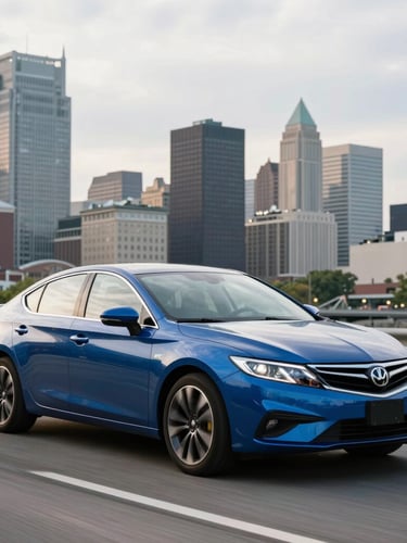 A wide-angle professional photograph of a clean car driving along the Parkway East in Pittsburgh during a soft overcast afternoon, city skyline in the background, sharp focus, 35mm lens.