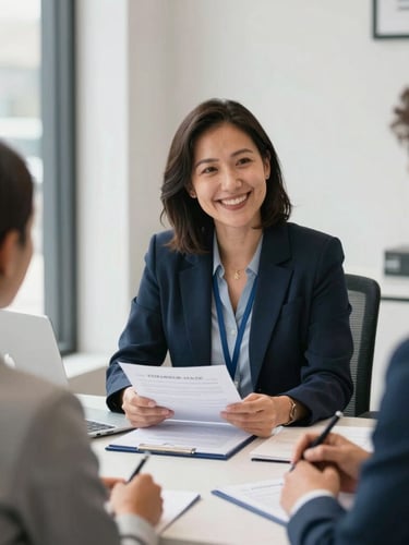 A warm, modern insurance office interior on Forbes Avenue, a licensed agent smiling and discussing a policy with a client, soft natural light, professional editorial photography, 35mm lens