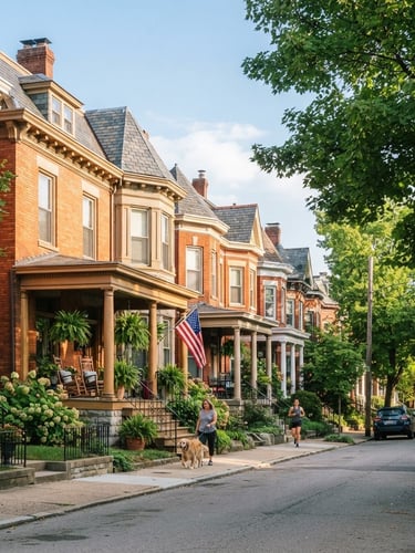 Bright morning light shining on a row of classic brick Pittsburgh homes with front porches, tree-lined street, professional editorial photography, sharp focus, 35mm lens