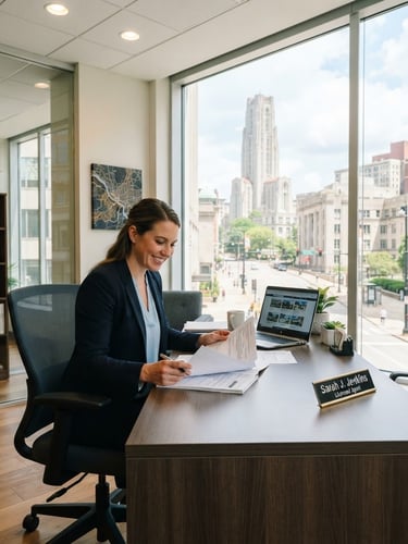 A bright, professional office on Forbes Avenue in Pittsburgh, clean glass windows, warm interior lighting, with a licensed agent sitting at a desk, professional editorial photography, 35mm lens.