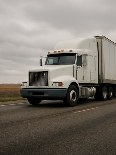 Wide environmental shot, semi-truck in service on a two-lane US highway, overcast midday light, flat agricultural land stretching to the horizon on the left, truck occupying right two-thirds of frame, underside road detail visible, no people