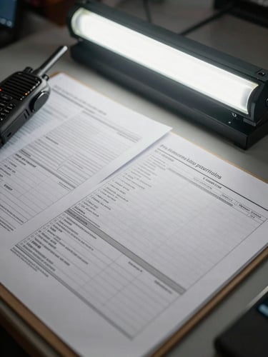 Close-up overhead shot of a dispatch coordination desk under fluorescent warehouse light, printed route manifests and load documentation spread across a work surface, a handheld radio and clipboard visible, no people in frame