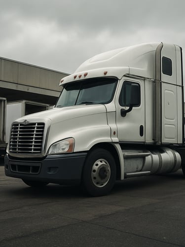 Ground-level environmental shot of a semi-truck cab parked at a freight terminal dock under overcast daylight, trailer doors open and visible in background, no people, wide frame
