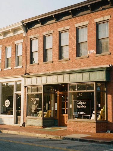 Warm editorial photograph of Calhoun Street storefronts at golden hour, historic brick buildings, soft Midwestern light, 35mm film texture