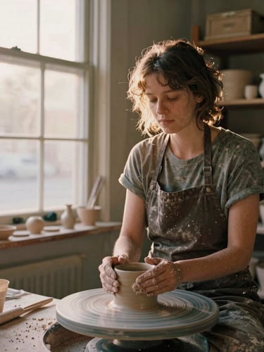 Candid portrait of a local ceramic artist in her Fort Wayne studio, warm golden-hour light filtering through a window, clay-dusted hands, 35mm film texture.