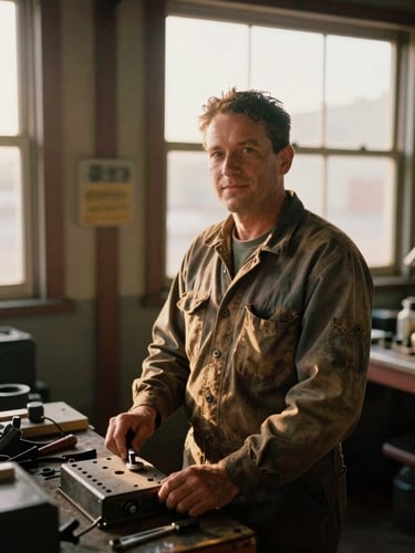 Candid medium portrait of a mechanic in a warm, dusty Fort Wayne garage, natural golden-hour daylight streaming through a side window, 35mm film texture.