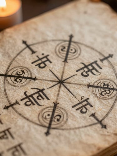 Macro close-up of an ancient Sanskrit palm-leaf manuscript, warm candlelight revealing ink-on-paper geometric diagrams and elegant Sanskrit lettering.