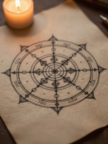 Macro close-up of a hand-drawn geometric Kundli diagram in black ink on textured, aged parchment paper, illuminated by soft warm candlelight.