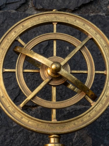 A macro close-up of an ancient brass astronomical instrument, intricate geometric engravings and coordinate lines catching warm twilight, dark stone background.