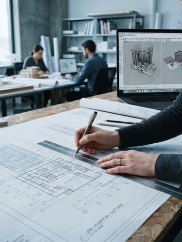 professional editorial photography, clean architectural studio lighting, cool blue and slate tones, sharp focus, 35mm. Hands of an architect working on a physical blueprint in a cool-toned studio, technical drawings and a laptop screen displaying 3D CAD software in the background.