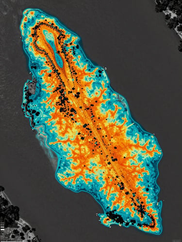 Top-down nadir perspective of a river delta, false-color multi-spectral vegetation heatmap with hyper-cyan and safety-orange vector overlays, sharp scientific data readouts.