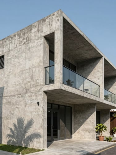 Strict one-point perspective of a monolithic raw concrete residence in Jakarta, sharp tropical daylight casting deep geometric shadows across the facade.