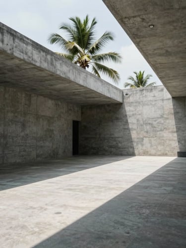 Strict one-point perspective of a monolithic concrete gallery hall, sharp tropical daylight casting deep shadows across raw stone floors, minimalist architectural detail.