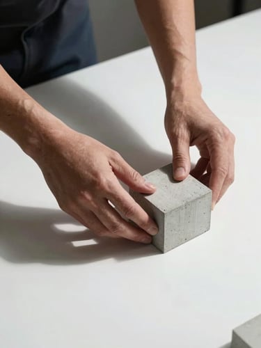 Hands of an architect adjusting a concrete physical model on a clean white table, sharp shadows, minimalist setting