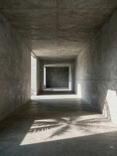 Strict one-point perspective of a raw concrete corridor, dramatic play of tropical light and shadow on the floor, minimalist architectural detail
