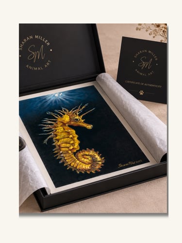 Original seahorse artwork carefully packaged and prepared for worldwide delivery.