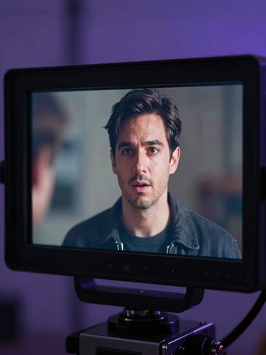 Close-up view of a film set monitor showing a sharp cinematic still of an actor mid-dialogue, surrounded by dimly lit production equipment, cool blue-purple ambient glow from the monitor screen, shallow depth of field bringing the screen image into crisp focus