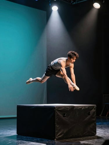 Dancer mid-leap on a black-box stage, a single hard spotlight cutting down from above, electric teal wash from stage-left, sharp motion-frozen by a fast shutter, minimal depth of field behind the performer