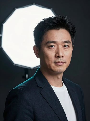Executive headshot framed tightly at three-quarter crop against a dark seamless backdrop, single large soft-box key light from frame-left, cool teal rim light on the shoulder, high-contrast advertising-grade finish