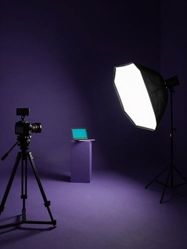 Wide-angle view of a professional photography studio at night, a single large beauty dish casting a cone of cool light onto a product plinth center-frame, deep purple-black walls receding into shadow, camera on a heavy tripod visible in the left third, tethered laptop screen glowing teal in the background