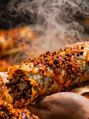 Tight macro shot of a hand wrapping a heavily spiced mutton roll in brown paper, steam rising, warm street food stall background, fiery orange lighting, gritty texture, 35mm lens