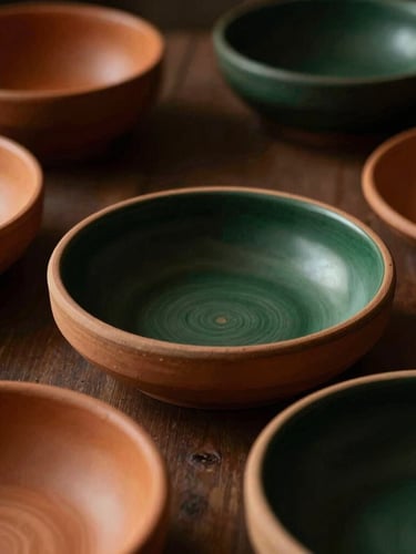 Close-up of textured terracotta tableware with rich dark green accents, low-lit dramatic lighting casting soft shadows