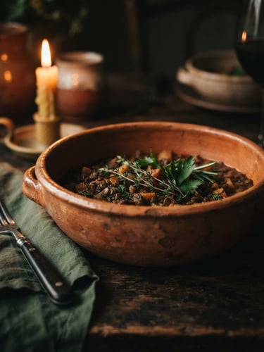 Close-up of textured terracotta tableware with rich shadows, warm golden-hour candlelight, moody editorial style