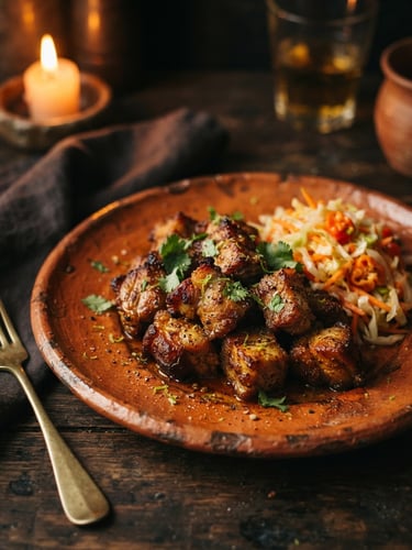 Moody close-up of slow-simmered Haitian griot, artfully plated on textured terracotta tableware with pikliz, warm candlelight, deep shadows.