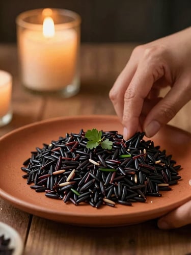 Hands carefully plating a modern interpretation of black rice with djon-djon, shallow depth of field, warm candlelight, moody editorial food photography