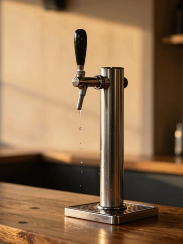 Sleek stainless steel draft beer tap tower on a wooden counter, condensation dripping, warm golden hour light, shallow depth of field, professional setup