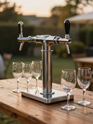 Sleek stainless steel mobile beer tap unit set up on a clean wooden table at an outdoor garden party, warm golden hour light, condensation on glasses, shallow depth of field, 35mm