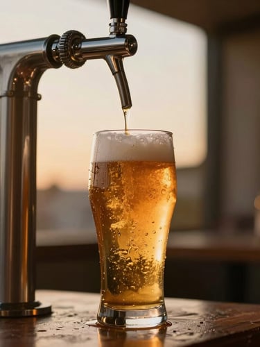 Sleek stainless steel beer tap pouring a perfect amber lager with rich foam, condensation dripping on a cold glass, warm golden hour ambient light, shallow depth of field, 35mm