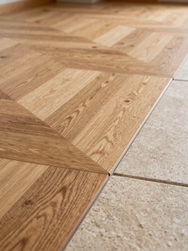 Low-angle close-up of a flawless transition between oak parquet and light stone tiles, warm natural daylight highlighting the precise joint, clean and dust-free environment