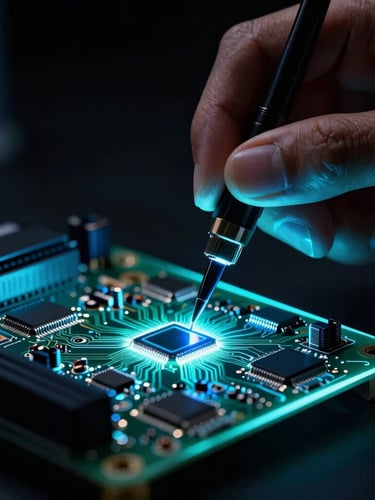 Ultra-macro shot of a technician's hands performing precision micro-soldering on a glowing circuit board, electric cyan rim lighting, deep shadows, cleanroom environment, 35mm