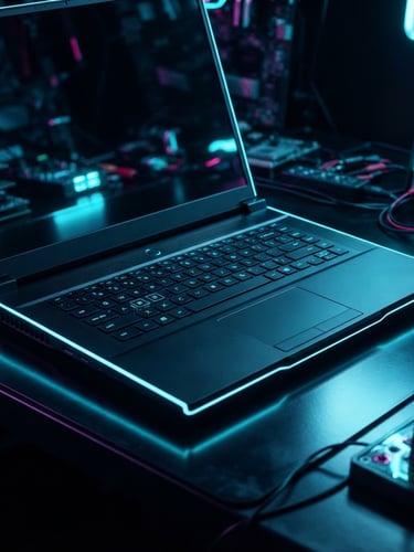 Pristine, sleek black gaming laptop on a clean, neon-lit diagnostic workbench, electric blue and cyan rim lighting, macro lens, high contrast, 35mm