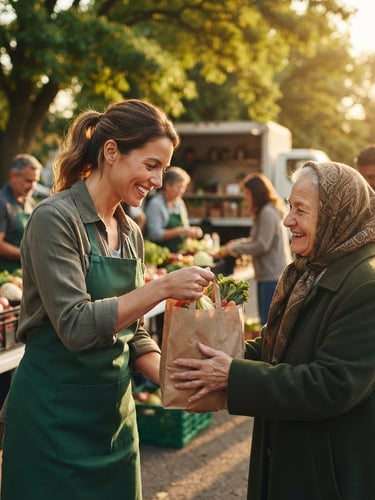 Candid photograph of a volunteer distributing food to a family, warm natural light, focus on genuine interaction, eye-level shot, rich green and gold tones, expansive background of a community setting.