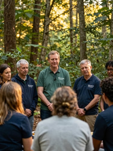 A group of diverse community leaders and volunteers collaborating on a project, warm documentary style, natural daylight, rich forest green and gold tones, 35mm lens