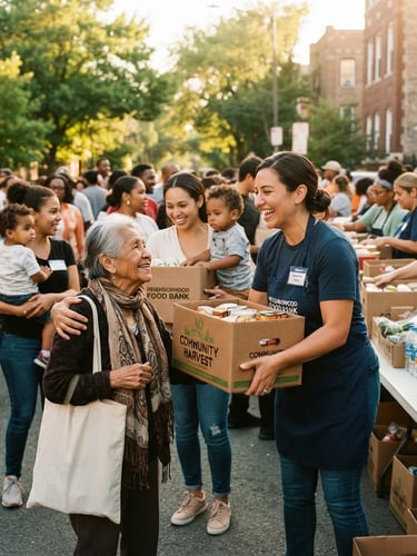 Volunteers actively distributing food boxes to grateful families in a sunny community setting, natural daylight, warm documentary style, 35mm lens