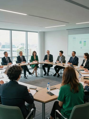 Professional roundtable discussion in a modern, light-filled conference room, diverse participants, green tech integration, natural overcast daylight, cool slate and deep emerald tones, wide-angle lens, realistic